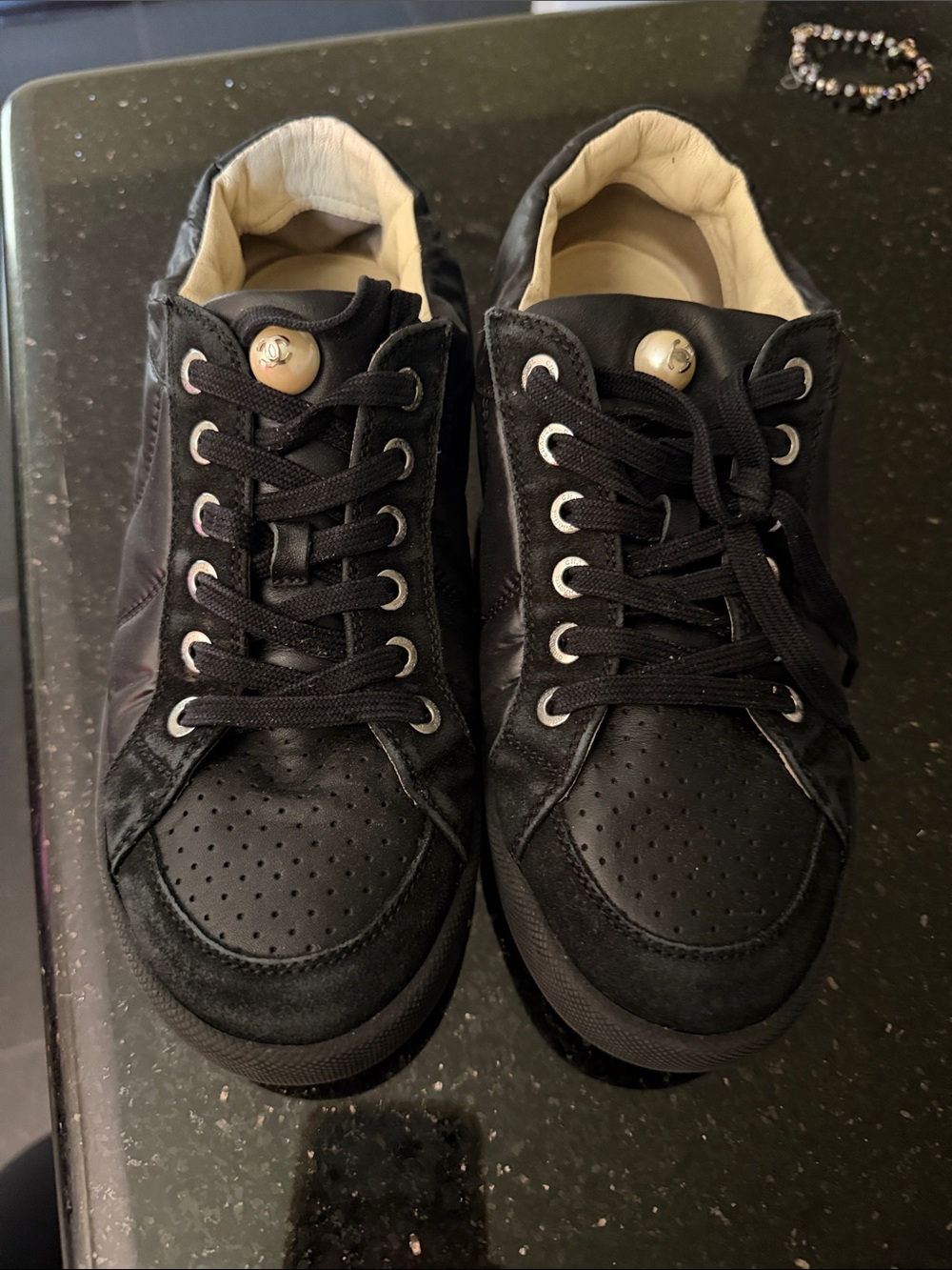 CHANEL Black Leather & Suede Lace-Up Sneakers